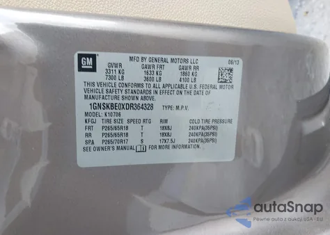 2013 Chevrolet Tahoe Lt из США, поврежденный, VIN 1GNSKBE0XDR364328